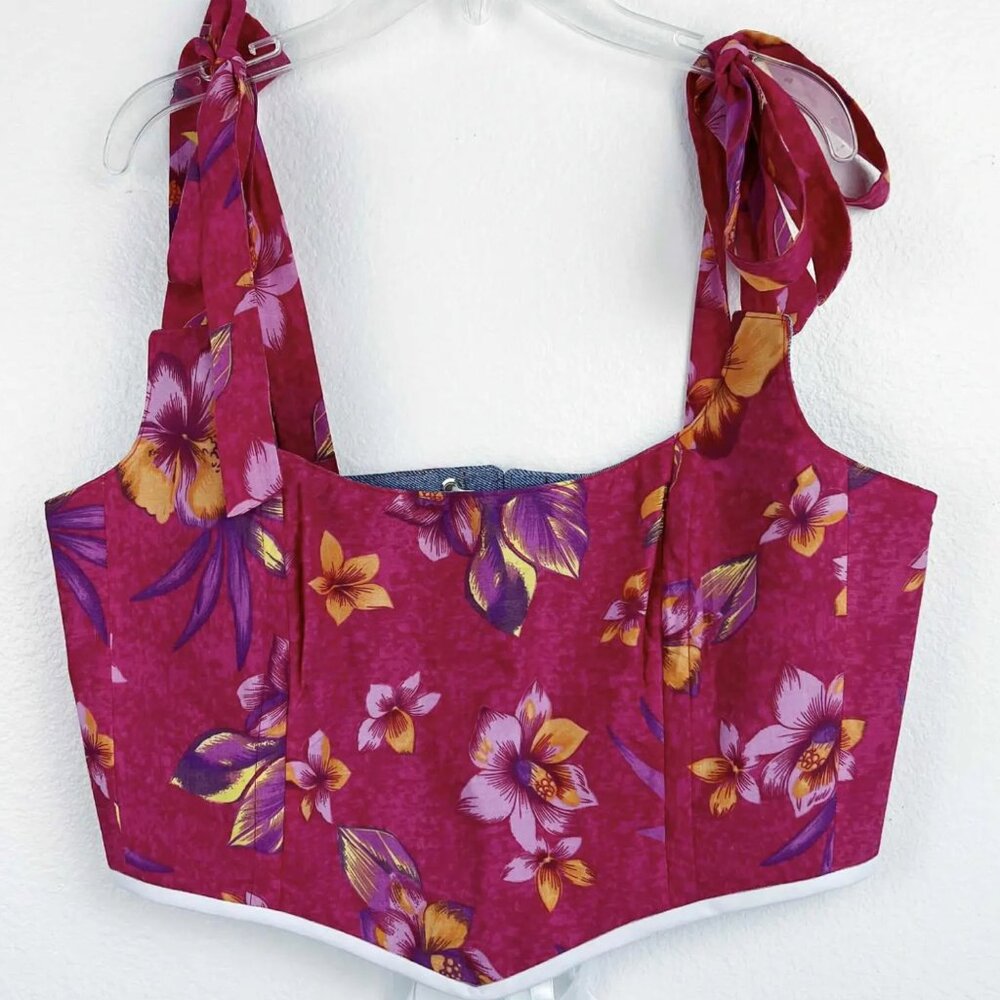 Hand Crafted Magenta Tropical Floral Corset Top with Tie Straps